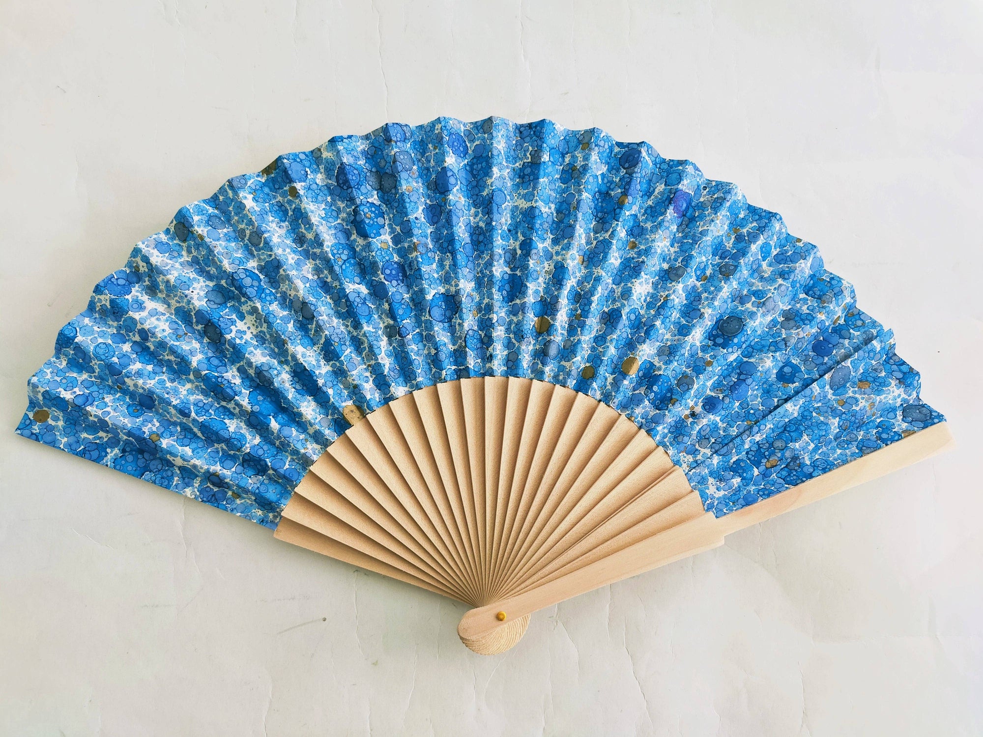Hand marbled fan: Blue dots