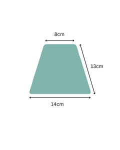 A simple diagram of a trapezoid-shaped product in muted teal, with dimension arrows and labels showing 8 cm across the top, 13 cm along one side, and 14 cm across the bottom, on a plain white background.