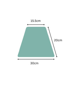 Measurement chart of a green rectangular object with dimensions labeled.