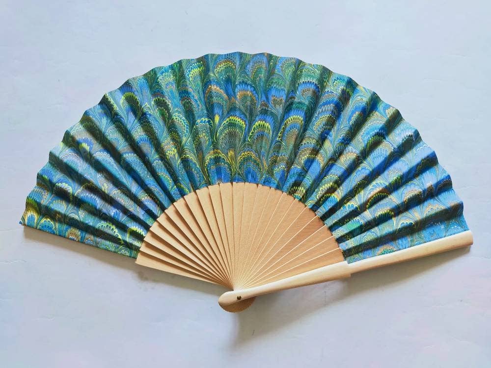 Hand marbled fan: Green/blue/gold