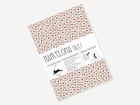 Packaging of Batalerofia tiles with floral patterns on a white background