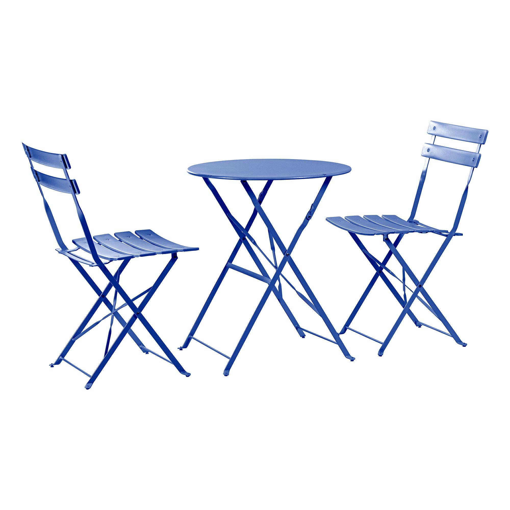 Blue metal table and chairs set on a white background