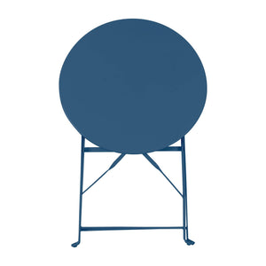 Round navy  table with a metal base on a white background