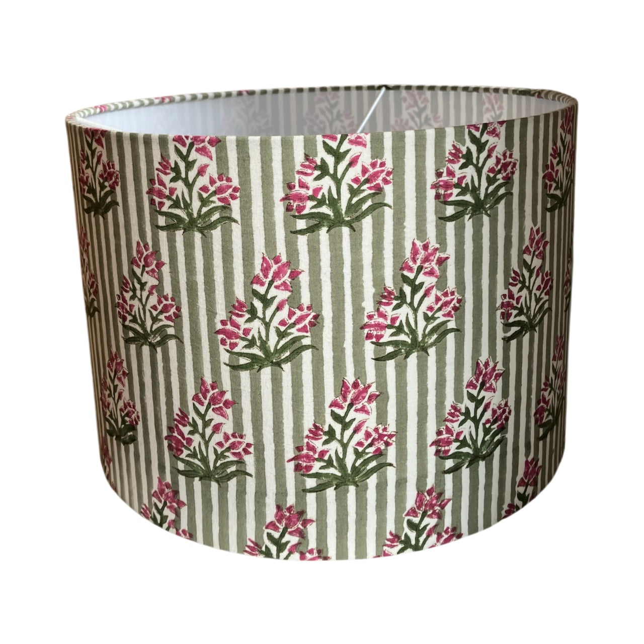 30cm Drum Pendant shade, Green Stripe with Pink Flower