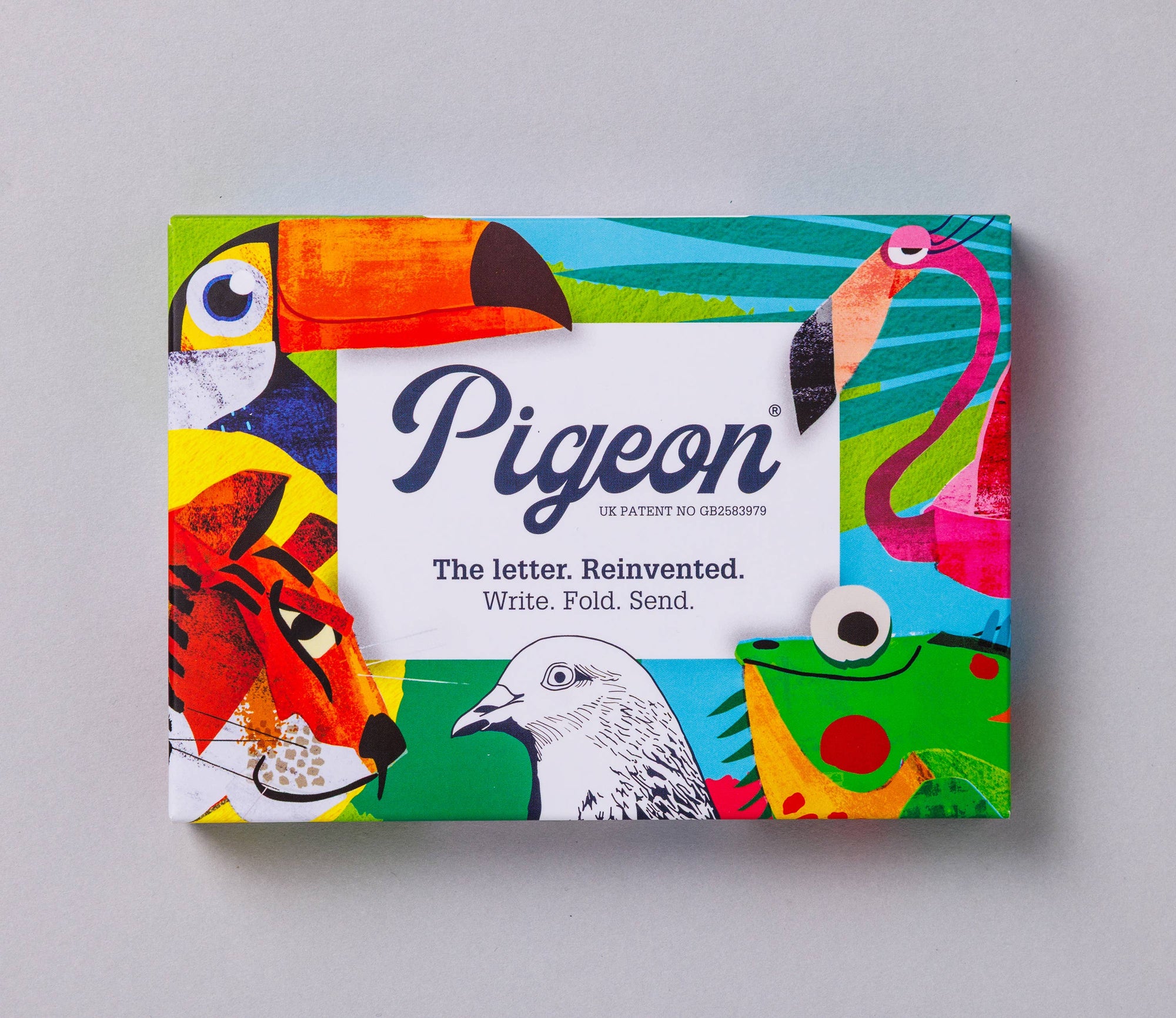 Colorful box with animal illustrations and 'Pigeon' branding on a gray background