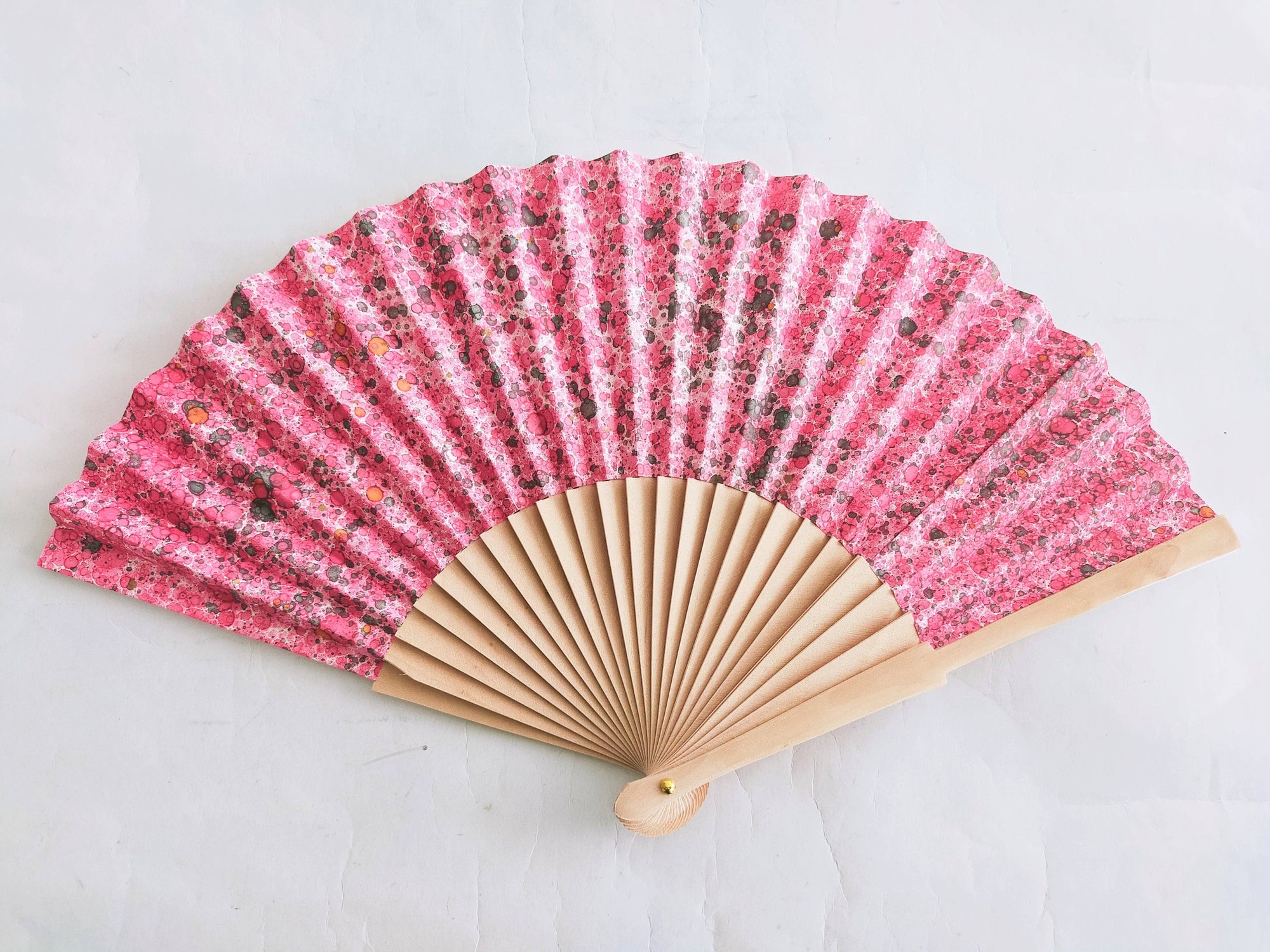 Hand marbled fan: Pink dots