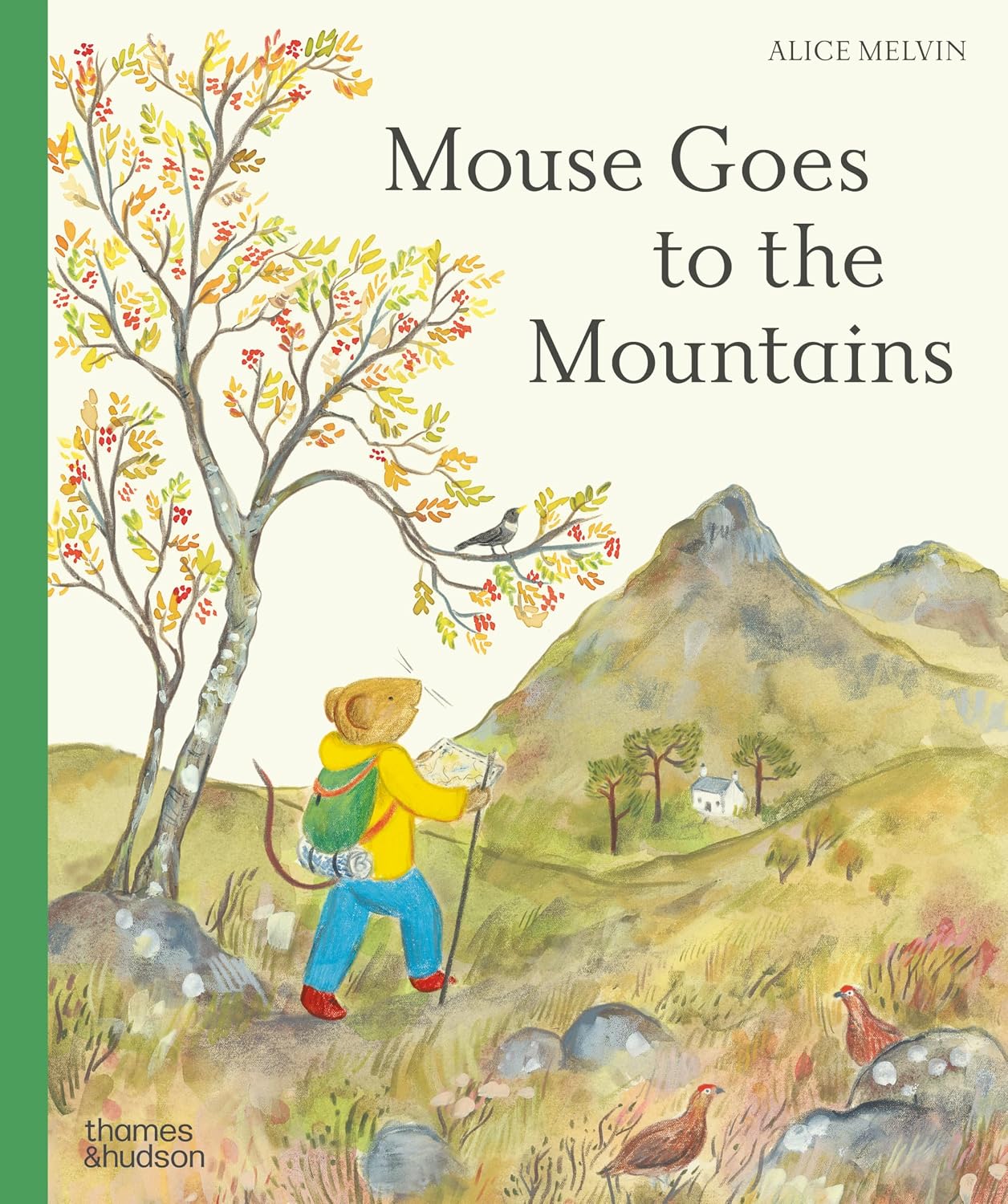 Bookcover showing  mouse hiking towards the mountains by tree. and grouse on the ground